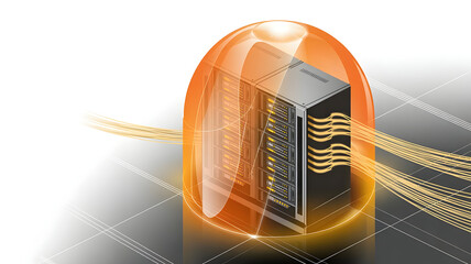 Secure Server Storage Device Protected by Orange Glow Shield - 3D Isometric Vector Illustration Technology
