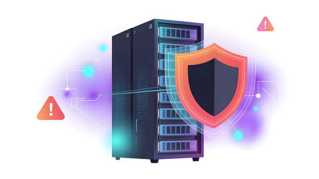 Secure Server Protection: Vector Illustration of Shielded Data Center with Warning Alerts and Cyber Security Measures