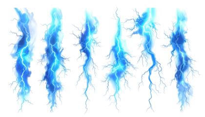 Seven stylized blue-white lightning bolts against a stark black background