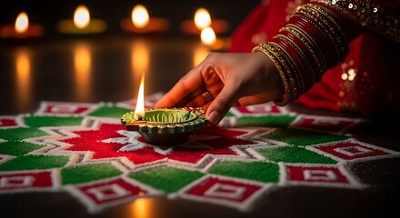 Traditional Indian woman in red saree and gold bangles lighting a clay oil lamp on a geometric sand art rangoli for Deepavali festivities