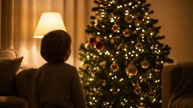 Child admiring decorated Christmas tree in cozy living room   