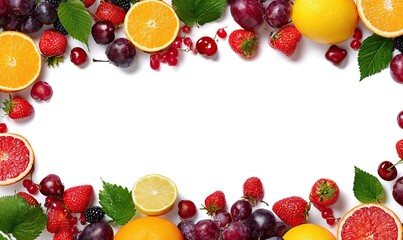 Assortment of fresh fruits oranges, strawberries, grapes, lemon, cherries, and berries against a white background