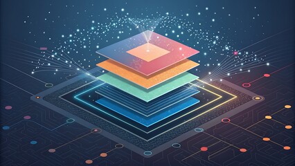 Futuristic technology platform with multi-layered digital panels and energy bursts representing advanced computing and circuit design