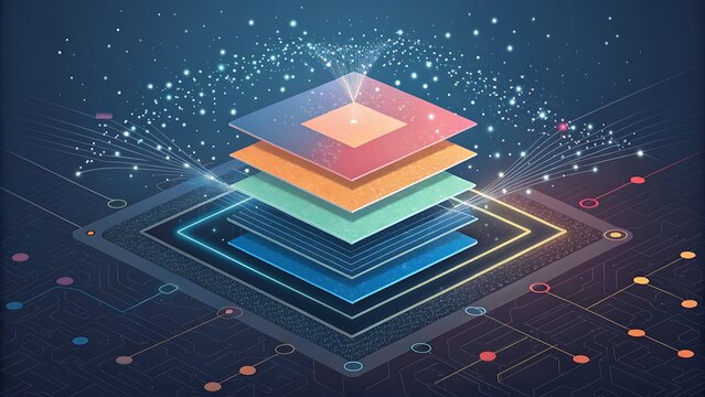 Futuristic technology platform with multi-layered digital panels and energy bursts representing advanced computing and circuit design - Powered by Adobe