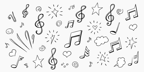 A whimsical collection of hand drawn musical notes stars and decorative elements