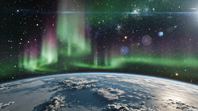 Stunning view of Earth with vibrant aurora borealis dancing across the starry night sky in space