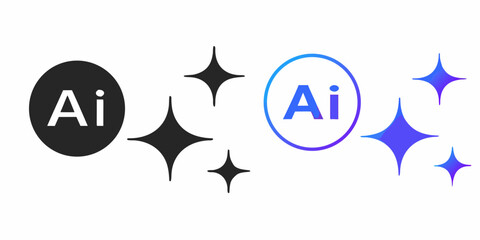 Artificial intelligence symbols with sparkling elements displayed on a plain background