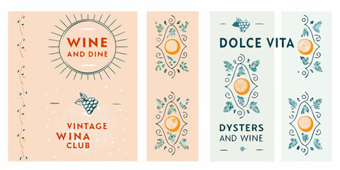 Decorative wine and dine themed banners with vintage floral illustrations