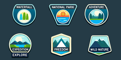 Collection of colorful outdoor adventure badges with nature and park themes © Shuvra Majumder