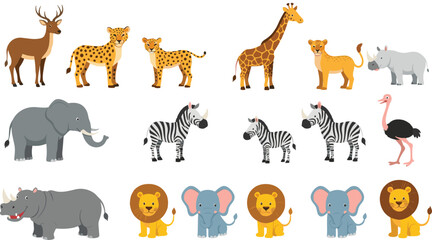 Cute cartoon wild animal collection featuring lion elephant giraffe zebra cheetah rhino deer ostrich vector illustration set isolated on white background © munzuara