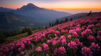 Fototapeta premium A breathtaking view of a mountain range at sunset, with vibrant wildflowers blooming in the foreground. The sky is painted with hues of orange and pink, casting a warm glow over the landscape. The mou