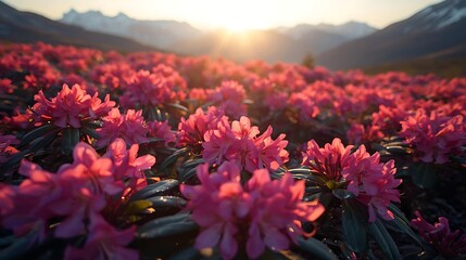 A breathtaking sunset casts a warm glow over a field of vibrant pink flowers, with majestic snow-capped mountains in the background. The scene is serene and picturesque, capturing the beauty of nature