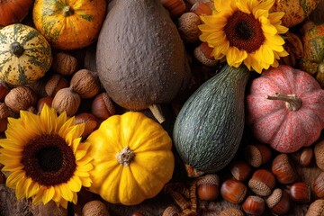 Assortment of pumpkins, sunflowers, nuts and acorns in autumn colors