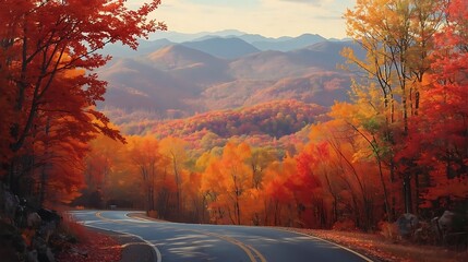 This image captures a breathtaking view of a winding road that cuts through a mountainous landscape during the autumn season. The road is flanked by vibrant trees showcasing a spectrum of fall colors,