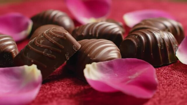 A close-up of a pile of heart-shaped chocolates on a red velvet surface surrounded by scattered pink rose petals