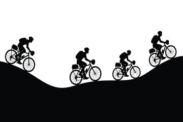 Obraz premium A series of silhouetted cyclists are depicted riding mountain bikes across a rolling undulating terrain in black and white