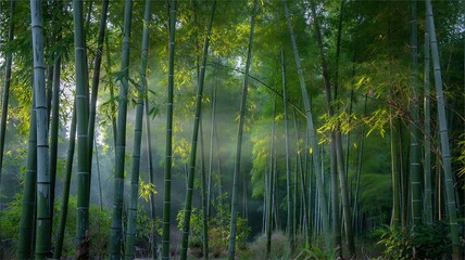 Fototapeta premium Ethereal Bamboo Forest with Morning Mist and Sunrays