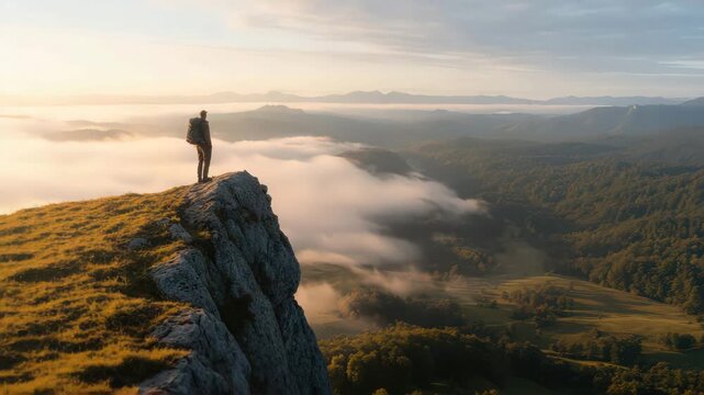 Man Standing on Rocky Outcrop Overlooking Lush Foggy Valley at Sunrise with Scenic View