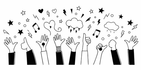 Celebration with hands clapping music notes and whimsical star and cloud doodles