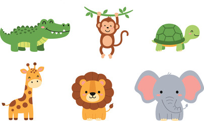 Cute cartoon wild animals vector set with lion giraffe elephant monkey turtle crocodile for kids illustrations © munzuara