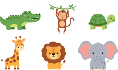 Fotobehang Dierentuin Cute cartoon wild animals vector set with lion giraffe elephant monkey turtle crocodile for kids illustrations  © munzuara