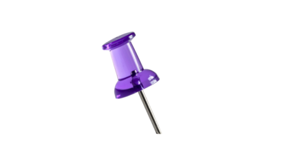 A single, translucent purple pushpin, casting a slight shadow, set against a stark black background