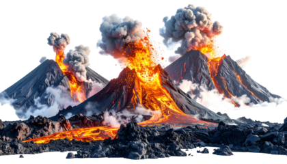 A rendered image of three erupting volcanoes spewing lava and smoke against a black background