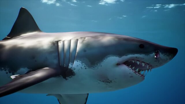 A large gray shark with a white underbelly swims in the ocean, its sharp teeth visible as it opens its mouth, with sunlight filtering through the water