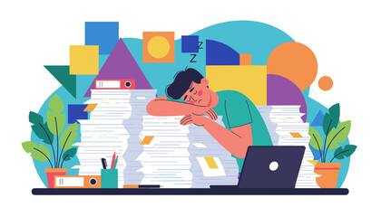 Burnout concept exhausted worker sleeping on a huge stack of paperwork representing stress and overwork