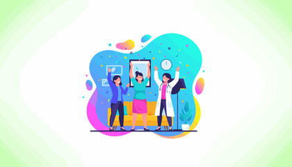 Doctor and happy patients celebrating a successful health milestone or recovery in a vibrant interior