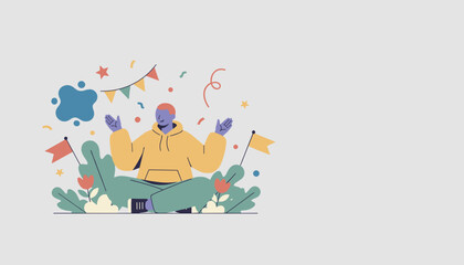 Fototapeta premium Relaxed person celebrating achievement with confetti flags and plants Vector illustration copy space