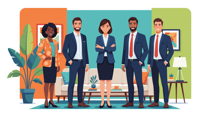 Diverse business team smiling confidently in a modern office lounge setting