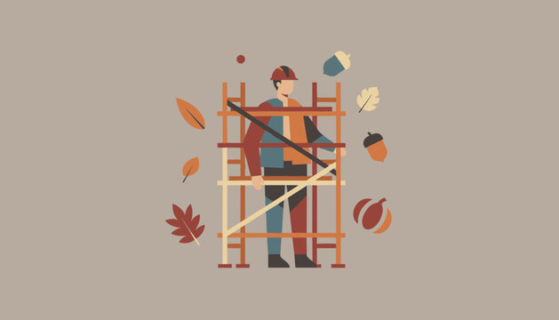 Autumn construction project concept with worker on scaffolding and fall elements Flat vector illustration - Powered by Adobe