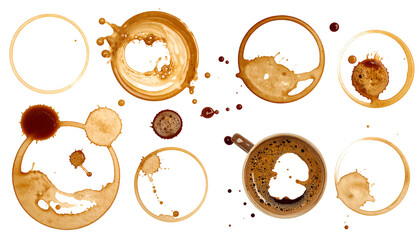 Dark surface showing various coffee stains and ring imprints, creating an abstract design