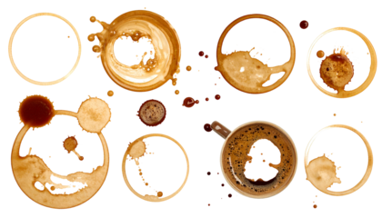 Dark surface showing various coffee stains and ring imprints, creating an abstract design