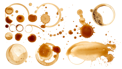 Coffee stains and rings, abstract patterns on a black background, various shapes and sizes