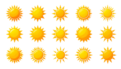 Assortment of cartoon sun icons featuring varying ray shapes & radial arrangements