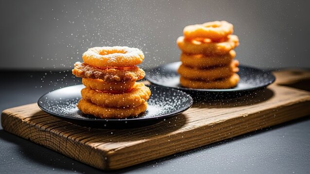 Delicious Golden Onion Rings Stacked on Plates fried