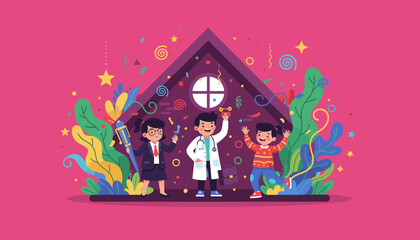 Fototapeta premium Education and career success concept with a doctor businesswoman and happy child celebrating