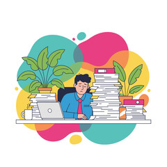 Fototapeta premium Overwhelmed businessman suffering from burnout surrounded by immense paper stacks and office stress