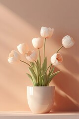 White tulips in vase against pink wall