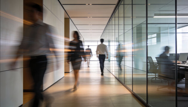 a blurred view down a modern office hallway with people in motion suggesting a fast paced work environment high quality professional