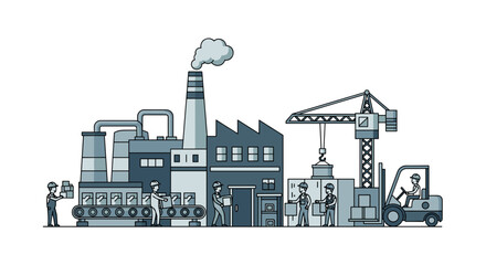 Obraz premium Industrial factory production line and logistics with workers forklift and crane Manufacturing vector illustration