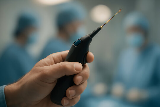 A hand holds an electrosurgical cautery pen in a modern operating room, with surgeons blurred behind, representing advanced medical technology, control, and precision in surgical procedures.