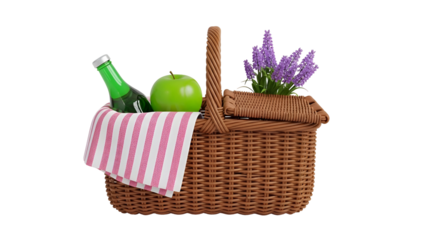 Picnic basket with food and flowers isolated on transparent background