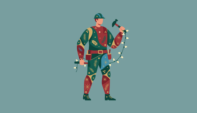 Festive worker installing Christmas decorations holding a hammer and glowing string lights