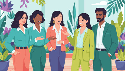 Diverse team collaborating in a vibrant green office environment Professional success and teamwork concept