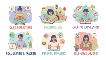 Selfcare journaling concepts reflection gratitude creative expression goal setting and mindful moments
