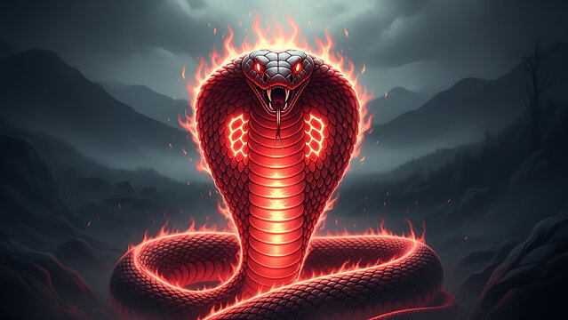 Glowing red cobra with fiery aura coiled on mountainous terrain under a dark cloudy sky