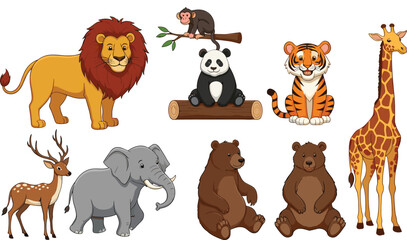Cute cartoon wild animals collection featuring lion tiger panda giraffe elephant deer bear monkey vector illustration set isolated on white background © munzuara